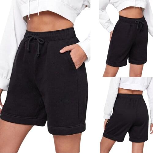 2021 Autumn Casual Womens Solid Black Loose Sports Running Shorts Women Gilrs Drawstring High Waist Yoga Shorts Gym Sportswear