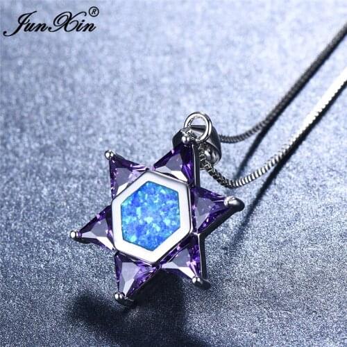 Cute Female Purple Hexagon Pendants Necklaces Boho Blue White Fire Opal Necklace Fashion silver color Wedding Jewelry