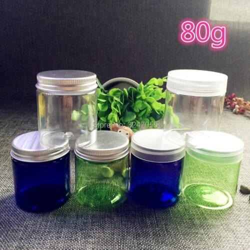 80G Clear Plastic Cosmetic mask Refillable Jar, Blue Round Cream jar with Aluminum Lid,Plastic Green Cosmetic Pot with Metal Lid