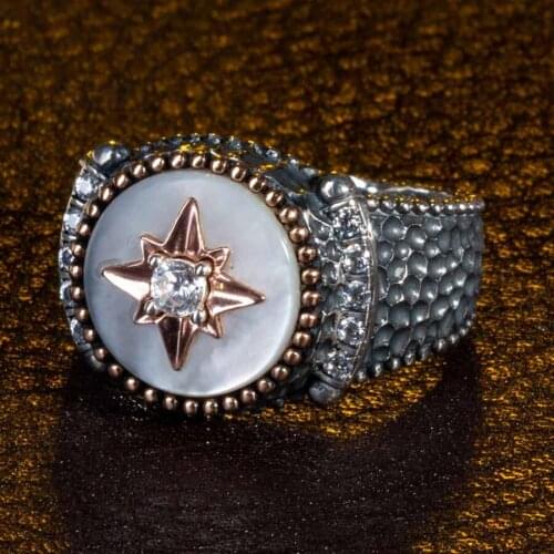 Silver White Turquoise Gemstone Ring North Star Figure Men Ring Vintage Men Jewelery Solid 925 Sterling Silver