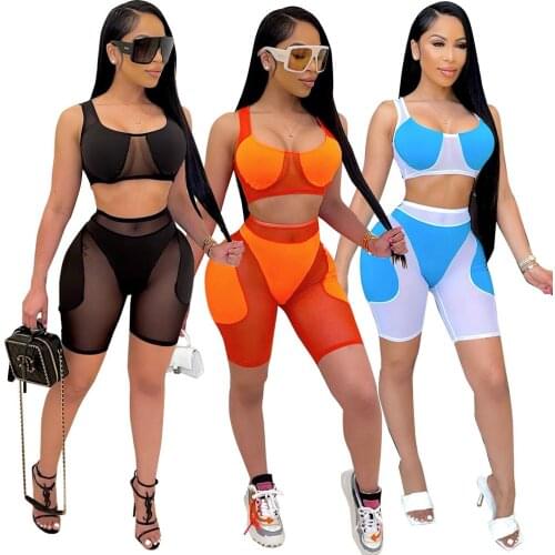Echoine Women Mesh Stitching Set Tracksuit Tank Tops and Elastic Shorts Summer Two Piece Set Sporty Beachwear Swimsuit Outfits