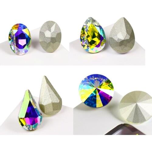 For 3D Nails Art Decoration Mixed Shape Tear Drop Oval Rivoli Crystal AB Glitter Pointback Resin Rhinestone For Jewelry Making