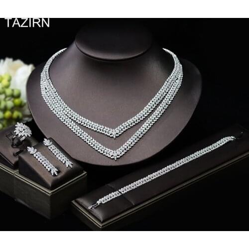 Sparkling Zircon Wedding Jewelry Set 5A Necklace Bracelet Earrings Ring Bride Gifts Fashion CZ Women Dress Accessories Ornaments