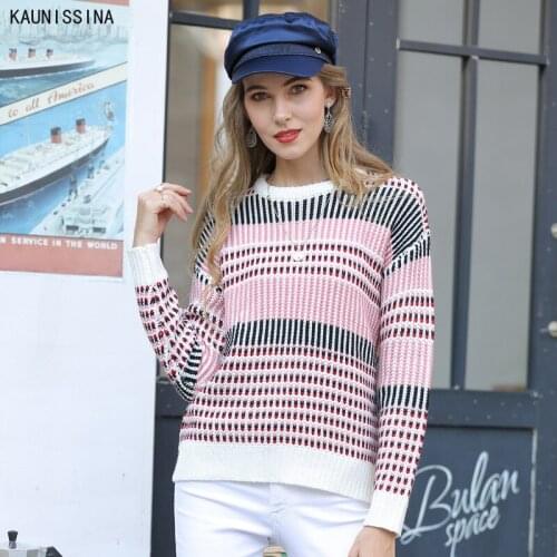 Knitted Sweater Women Long Sleeve Patchwork O-Neck Womens Sweaters Pullover Striped Oversized Sweater Female Clothing