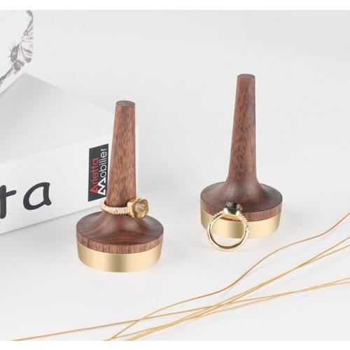 40GB Wood Ring Holder Black Walnut Wood Ring Display Brass Stand Ring Modern Display