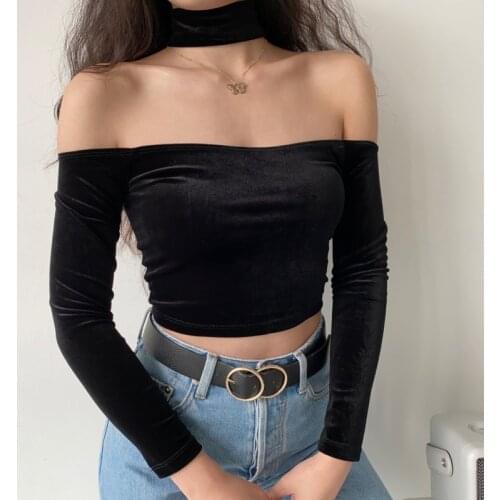 WOMENGAGA Fashion Hot Sexy Off Shoulder Halter Velvet Top Long Sleeve Solid Color Short Open Navel T-shirt Women HNC1