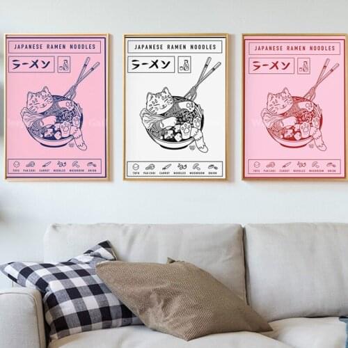 Japanese Ramen Cartoon Cat Animals Canvas Art Painting Kitchen Decoration Wall Picture Noodles Food Posters and Prints for Kids