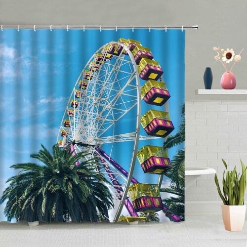 Ferris Wheel Pattern Shower Curtain Amusement Park Blue Sky White Clouds Night Trees Bathtub Decoration Washable With Hook Set
