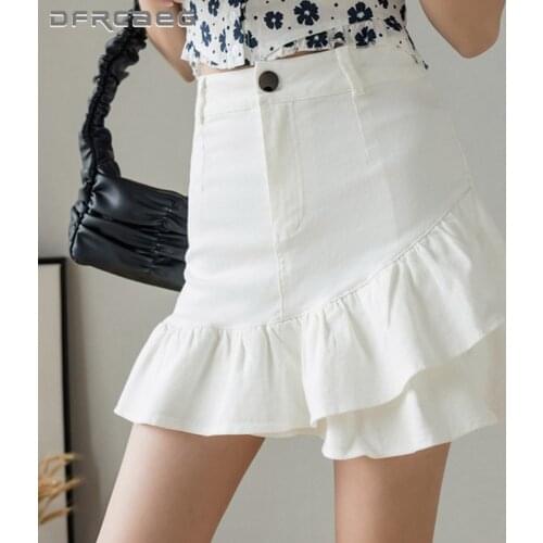 White Summer Woman Denim Skirts With Ruffles 2021 High Waist Streetwear Ladies Short Jean Skater Skirts
