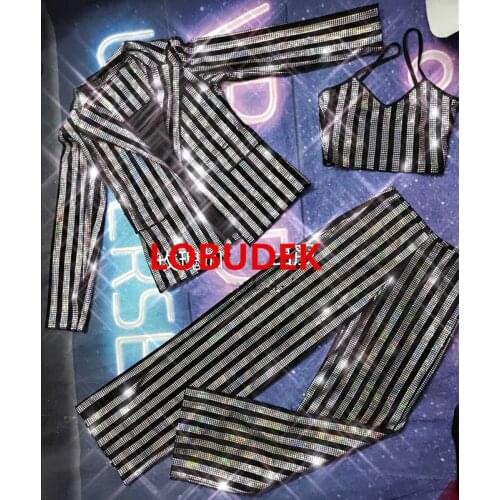 Women Singer Shining Sequins Striped Suit Stage Performance Costume Bar Club Concert Glitter Bra Jacket Pants 3 Piece Set Outfit