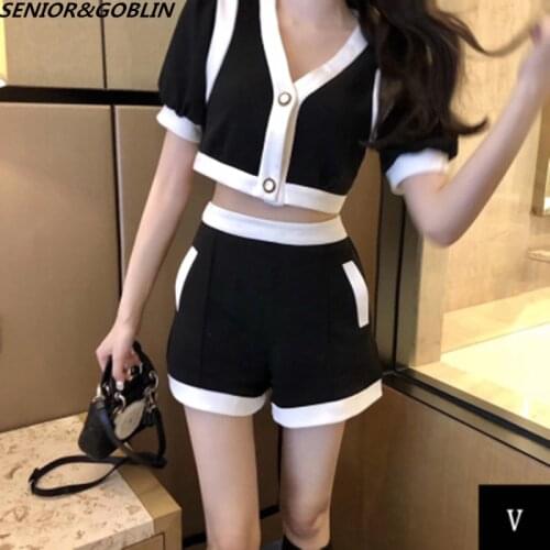 Party Two Piece Set 2020 Summer White and Black Crop Top V Neck Short Sleeve And High Waist Casual Women Outfit Sexy
