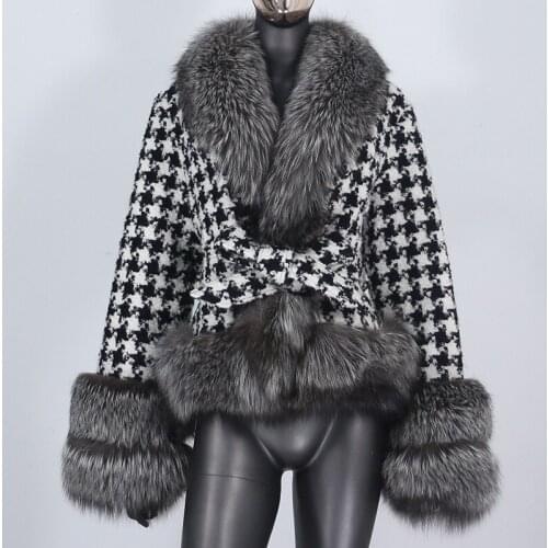 BLUENESSFAIR 2021 Real Fur Coat Winter Jacket Women Natural Fox Fur Collar Belts Thick Warm Plaid Outerwear Streetwear Fashion