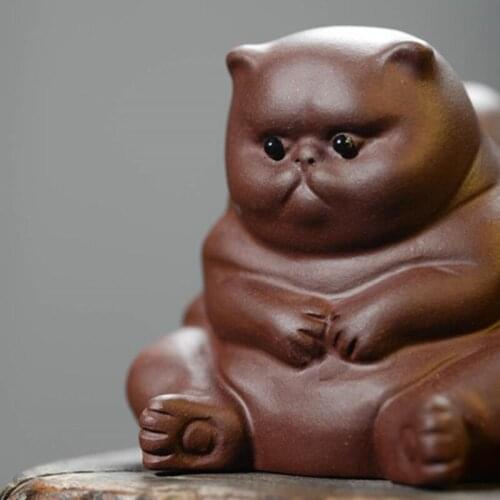 1PC Purple Clay Cat Ceramic Animal Figurines Zisha Tea Pet Cats Crafts Household Office Tea Accessories Car Decoration Toy