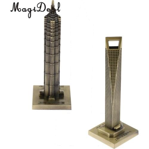 2pcs Vintage Metal Jin Mao Tower Statue and Shanghai World Financial Center Building Statue Figurine Travel Souvenirs Art Crafts