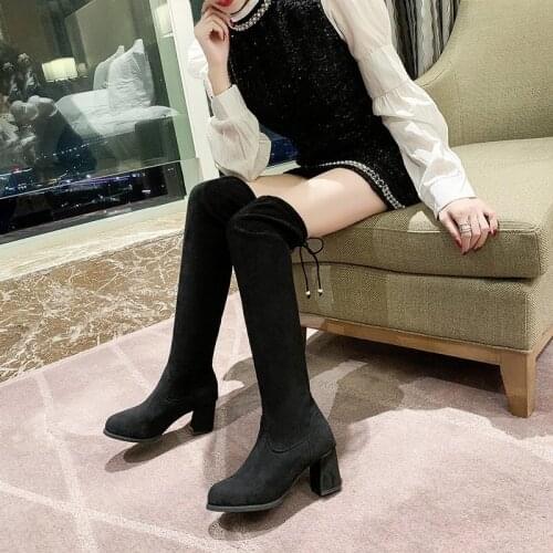 2021 New Fashion Women Boots Winter Over The Knee Heels Quality soft Suede plus velvet to keep warm thigh high boots Thick heel