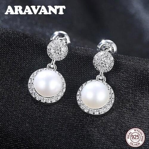 925 Sterling Silver Classic Round CZ Freshwater Pearl Stud Earrings For Women Luxury Original Pearl Jewelry