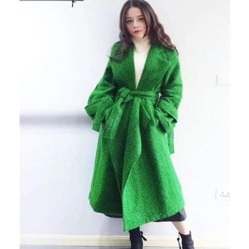 Brand New Womens Woolen Coat temperament V Neck Green Color Office Lady Elegant Slim Cashmere Warm Long Wool Jacket With Belt