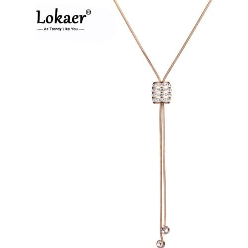 Lokaer Stainless Steel Rose Gold Color 3D Hollow Cylinder Rhinestone Chain Necklace Sweater Chain Pendent Gift For Women N18243