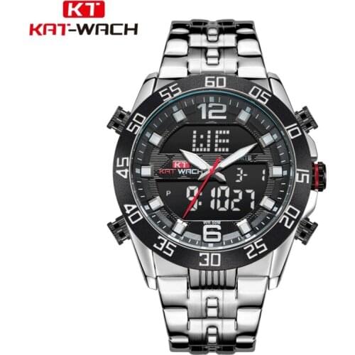 KAT-WACH Man Watch 5Bar Full Stainless Steel Dual Display Mens Watches Top Brand Luxury LED Display Men Watch KT1802