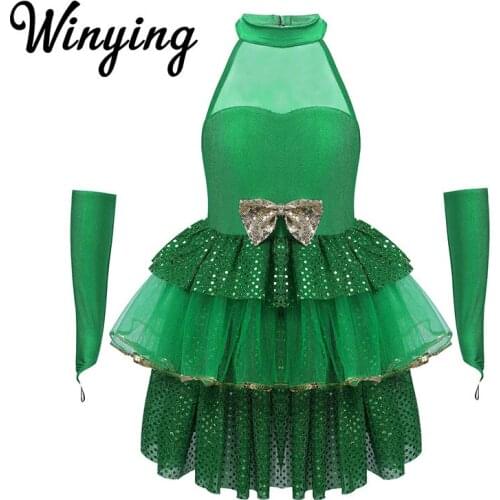 Kids Girls Green Shiny Sequins Halter Sleeveless Ballet Leotard Mesh Tutu Dress Children Modern Dancewear Christmas Elf Costume