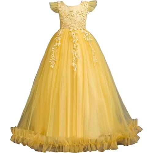 Girls lace high-end long dress Wedding flower girl elegant flying sleeve dress adolescent Christmas prom gorgeous focus dress