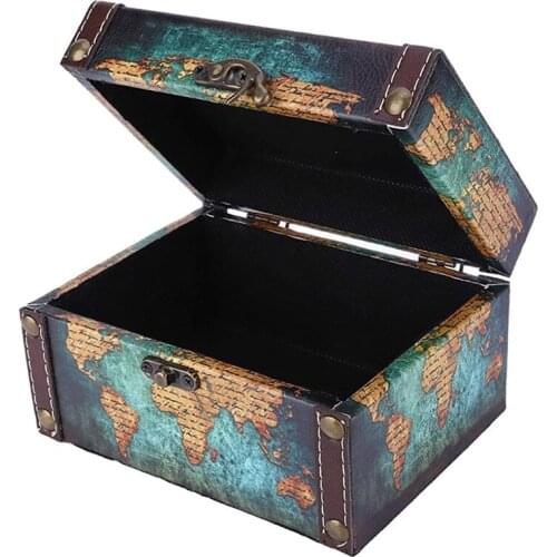 G5GB European Vintage Jewelry Storage Box Multipurpose Antique Wooden Pirate Treasure Chest World Map Letters Keepsake Case
