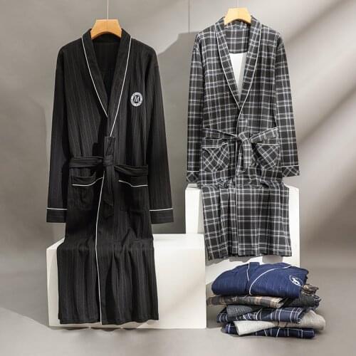 Plaid Solid Striped Bathrobe Men Kimono Robes Male Robes Long Bath Robe Dressing Gown sleep Nightgown Night Robes 6535cotton HDE