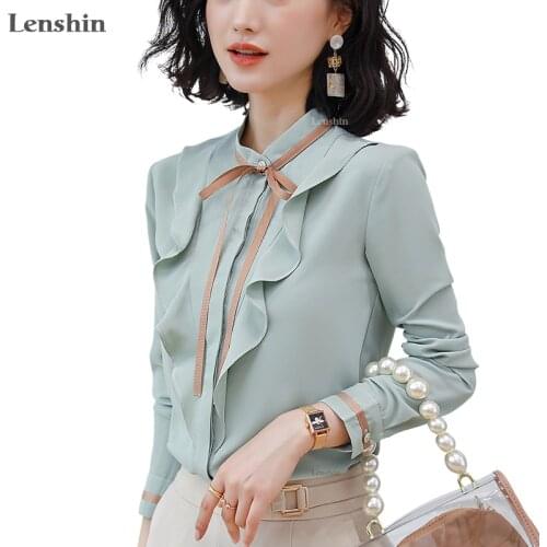 Lenshin Soft and Comfortable Shirt Long Sleeve High-quality Blouse with Tie Office Lady Work Wear Formal Green Top for Women