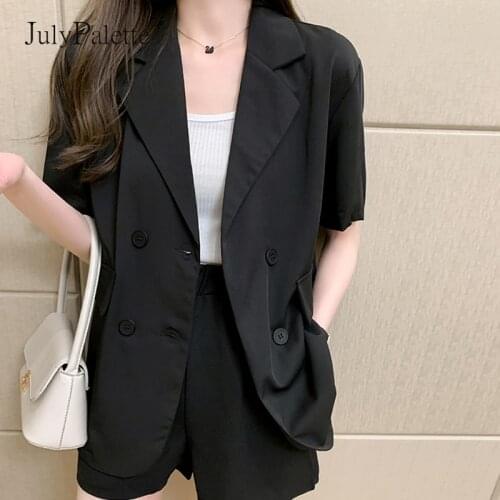 JulyPalette 2021 Summer Thin Blazer Coats Fashion Short Sleeve Double-breasted Womens Outwear Casual Office Ladies Suit Jackets