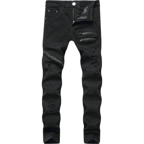Hot-Selling Men Zipper Decoration Casual Jeans Three-Color Holes Zipper Slim Body Micro-Elastic Simple Foot Straight Leg Pants