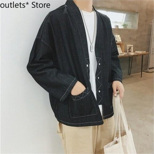 New Fashion Japanese Kimono Mens Jacket Traditional Clothing Asian Retro Denim Cardigan Streetwear