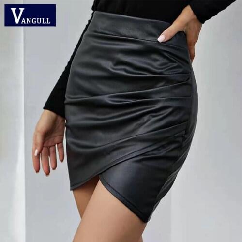 Vangull Sexy High Waist Slim Elegant Faux Leather Short Skirt Women Hem Asymmetric Ruched Black Streetwear Mini Skirt Ladies