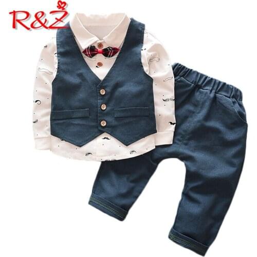 R&Z childrens suit 2019 spring and autumn new boys suit printing bow tie shirt + vest vest + trousers three-piece suit
