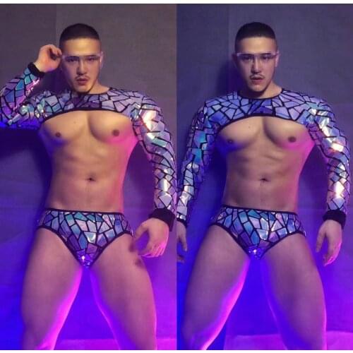 Sexy Bar Nightclub Men Women Gogo Costume Glitter Laser Mirror Dance Clothes Purple Blue Sequins Tops Shorts 2 Piece Show Set