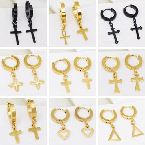 Black Gold Cross Design Stainless Steel Circle Earings Hoops Punk Rock Small Hoop Earrings for Women Girls Gifts Earring for Men