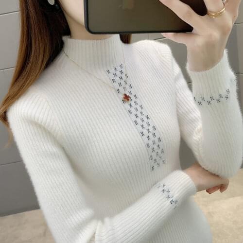 Female Half High Neck Warm Knitted Base Shirt Womens Slim Stretch Bust Pullover Sweater Imitation Mink Fleece Autumn Winter 2XL
