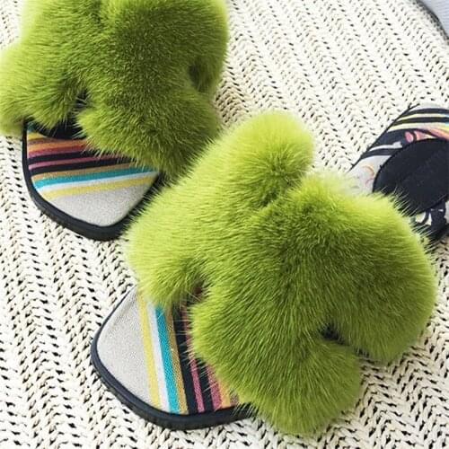 European Station Fashion Luxury 100% Mink H Slippers Ladies Furry Leather Slippers Amazing Fur Slippers