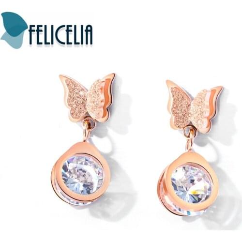 Felicelia Elegant Stainless Steel Butterfly Earrings For Women Girls Clear Crystal Drop Earrings Rose Gold Color Jewelry