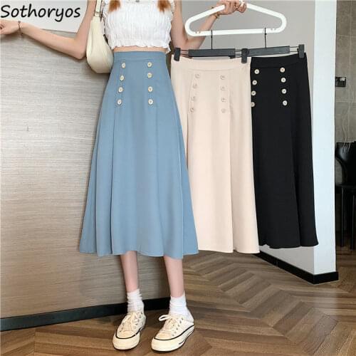 Women Mid-calf Skirts Solid Draped Simple All-match Elegant Temperament Retro Sweet Office Lady Streetwear Daily Casual A-line
