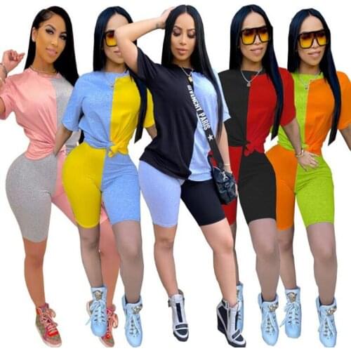 Summer Patchwork 2Pieces Sets for Women Sport Suits Female Tracksuits Streetwear Short Sleeve Tops+Shorts Women Workout Clothes