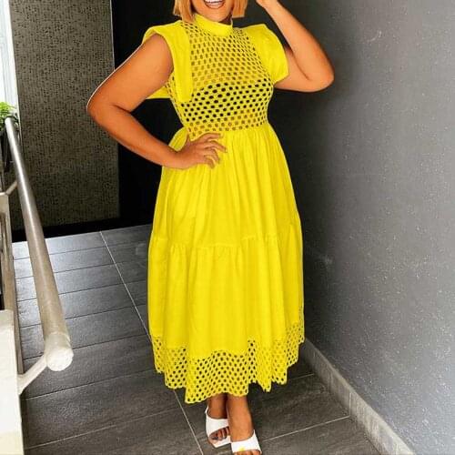 2021 Summer Maxi Dress Womens Solid Cover Flying Sleeves Wavy Hollow Out Elegant Office Plus Size New A-line Dresses For Women