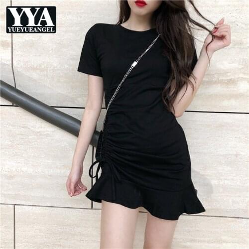 Women Sweet Drawstring Folds Ruffle Mermaid Dress O-Neck Short Sleeve T Shirt Dress Sexy Casual Slim Fit Pullover Short Dress