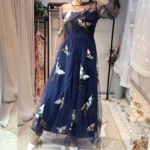2021 High quality new fashion spring and summer mesh bird embroidery Wrist Sleeve A-Line Ankle-Length Elegant ladies long dress