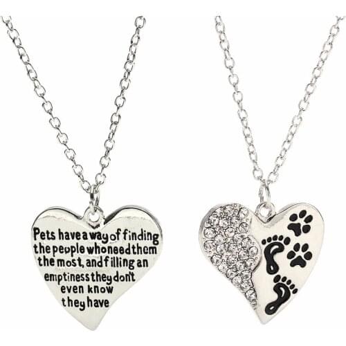 12PC/Lot Pets Have A Way Love Heart Pendant Crystal Pet Paws Prints Chain Necklace Charm Jewelry Gifts For Women Animals Lovers