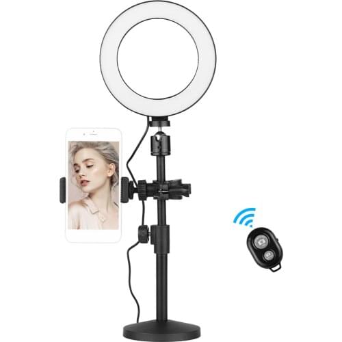 16cm Bi-color Dimmable Tabletop LED Ring Light Kit with Mini Ball Head Round Disk Support Phone Holder Remote Control for Live