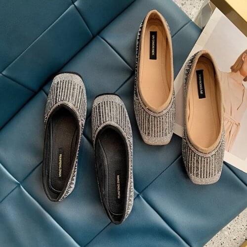 2020 New Spring Women Rhinestone Fashion Anti-slip Ballet Flats Soft Shoes Square Head Flat Shoe elegant Casual Soft Wear U25-25