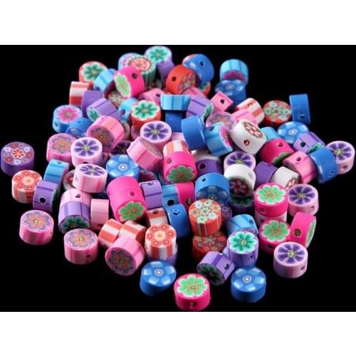 50pcs 10mm Mixcolor Round Flower Pattern Beads Polymer Clay Spacer Loose Beads for Jewelry Making DIY Bracelet Accessories