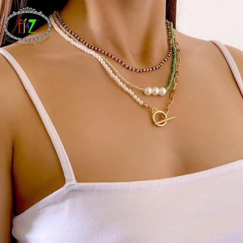 F.J4Z Pop Trend Necklaces for Women 2021 Beaded Choker Simulated Pearl Curb Chain Toggle Necklace personalized necklace pendant