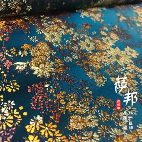 Cyan gold flowers satin fabric imitate silk Brocade Fabric Damask Jacquard Apparel Costume Upholstery Furnishing tissu 72*50cm