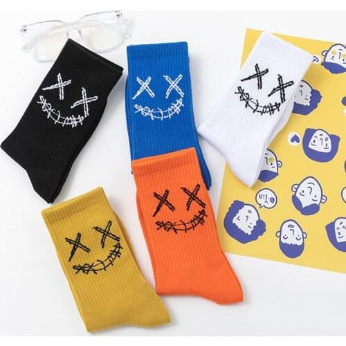 Hi Street Fashion Cotton Adult Middle Calf Crew Socks XX Blink Wink Funny Expression Boom Fence Net Face INS Skateboard Cool Sox